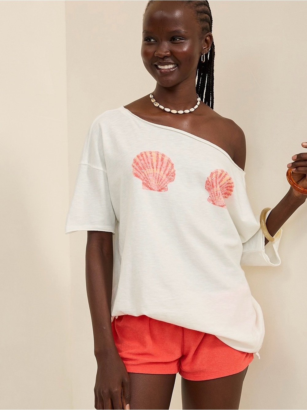 aerie White Off-the-Shoulder Tee with Coral Shell Graphics
